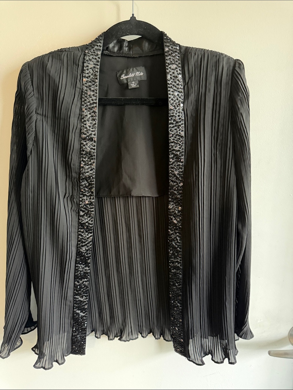 Scarlett Nite Black Pleated Beaded Chiffon Evening Jacket Sz 12